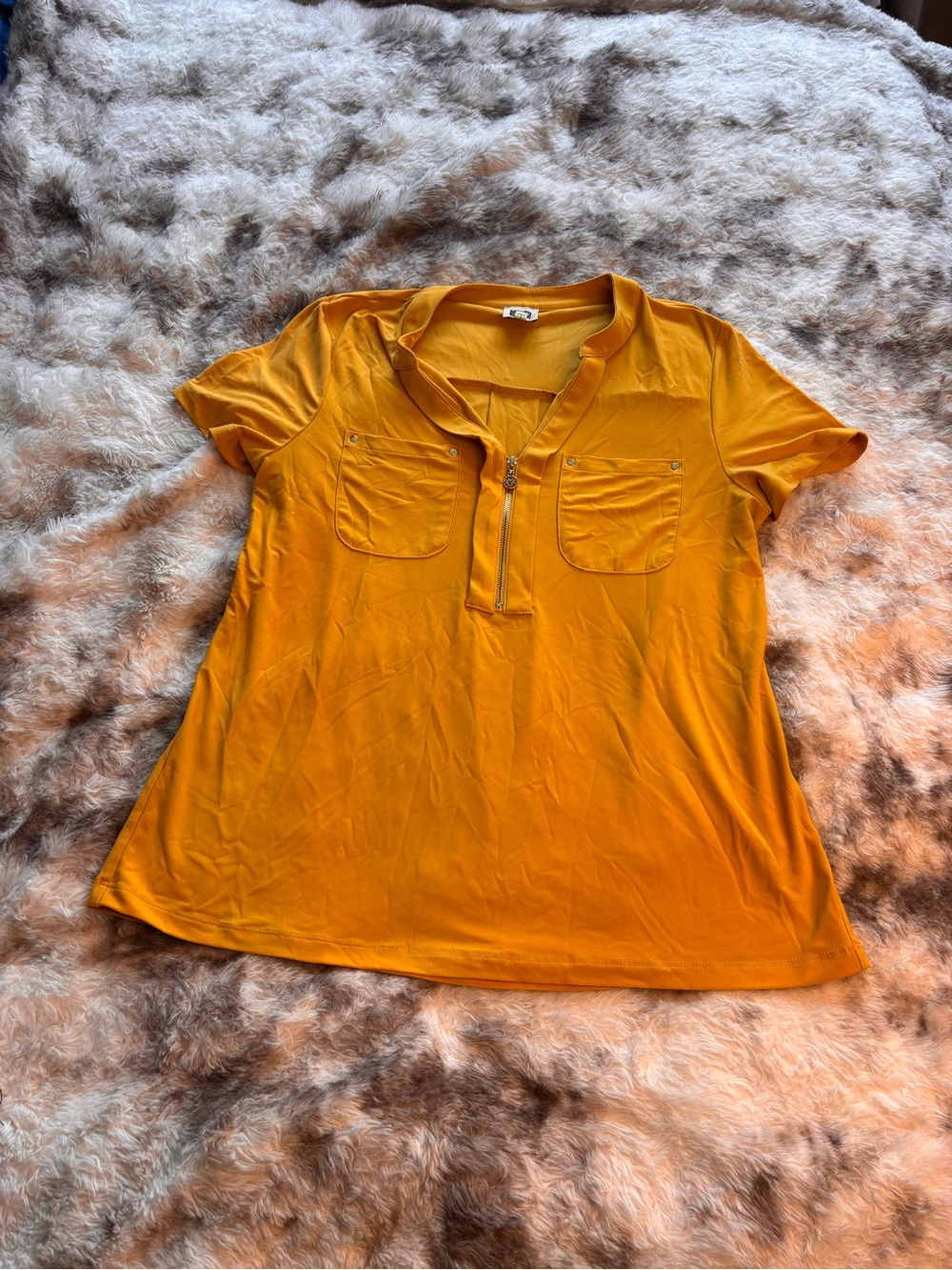 Anne Klein Golden Yellow Short-Sleeve Zip Polo Top